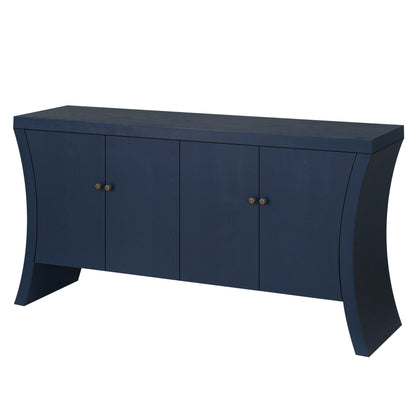 Refined Industrial 4 Door Credenza With Wooden Arc Legs & Bronze Clasps, Advanced Storage Design - Navy Blue