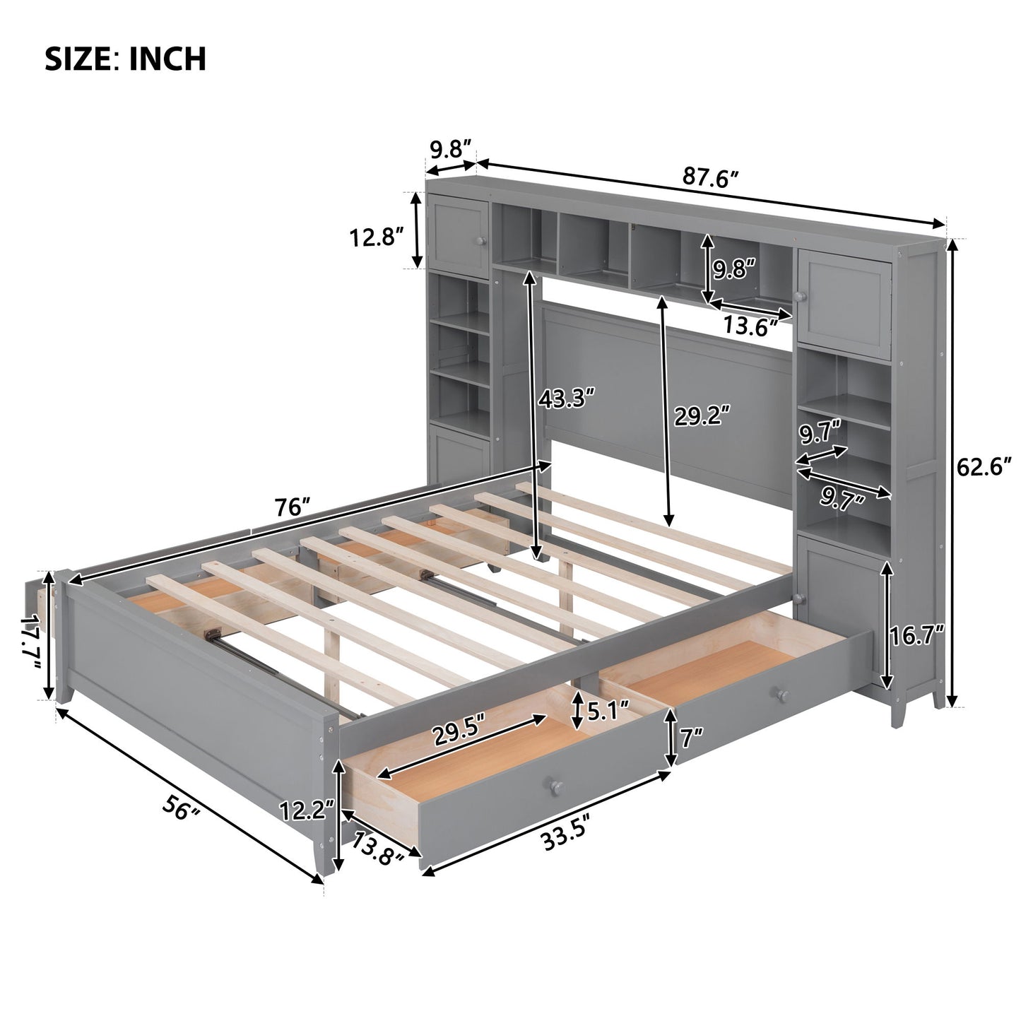 Full Size Bed With All In One Cabinet And Shelf - Gray