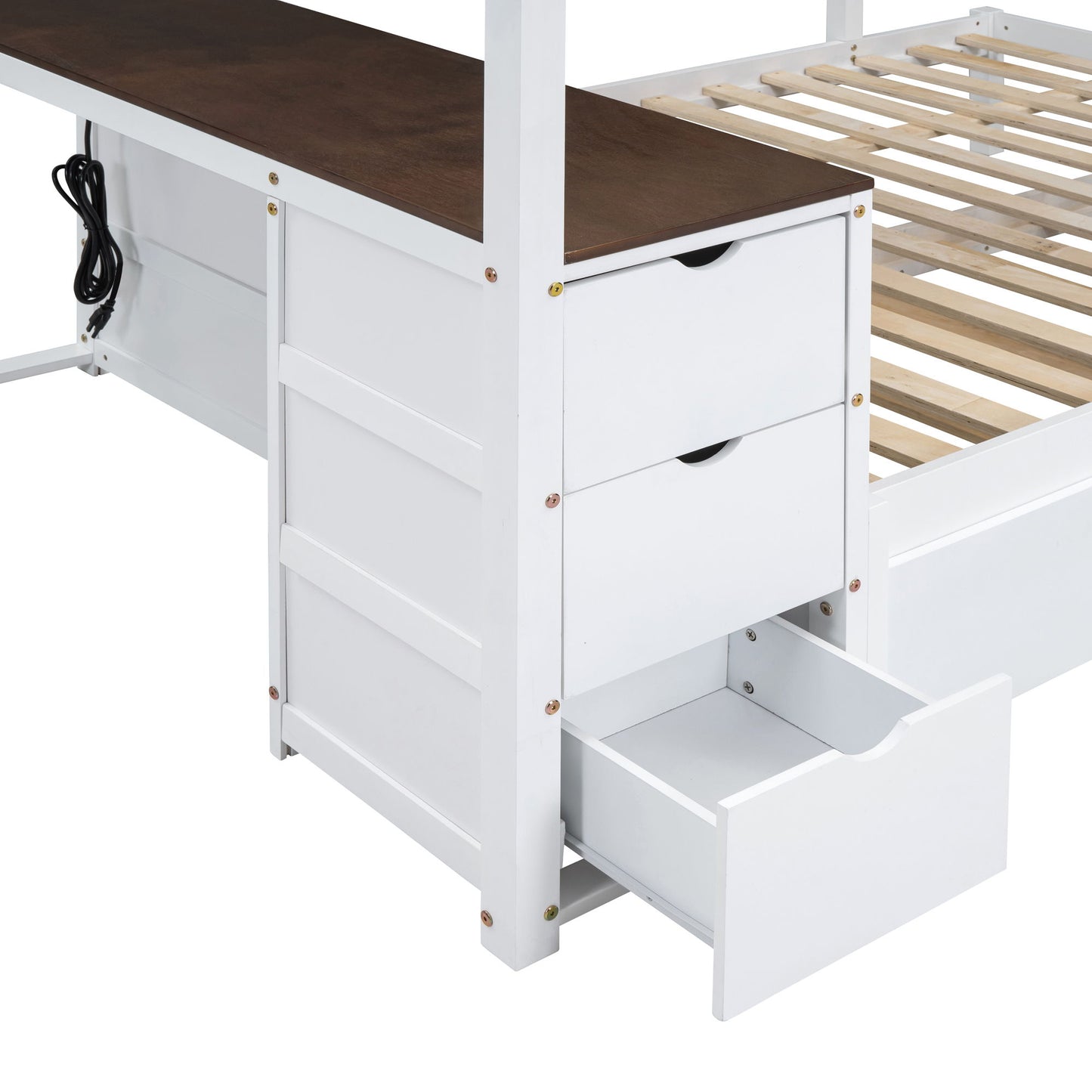 Full Over Full Bunk Bed With Twin Size Trundle, Storage And Desk - White / Walnut