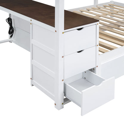 Full Over Full Bunk Bed With Twin Size Trundle, Storage And Desk - White / Walnut