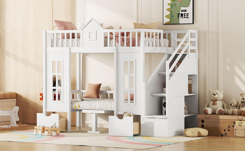 Twin Over Twin Bunk Bed With Changeable Table, Turn Into Upper Bed And Down Desk - White