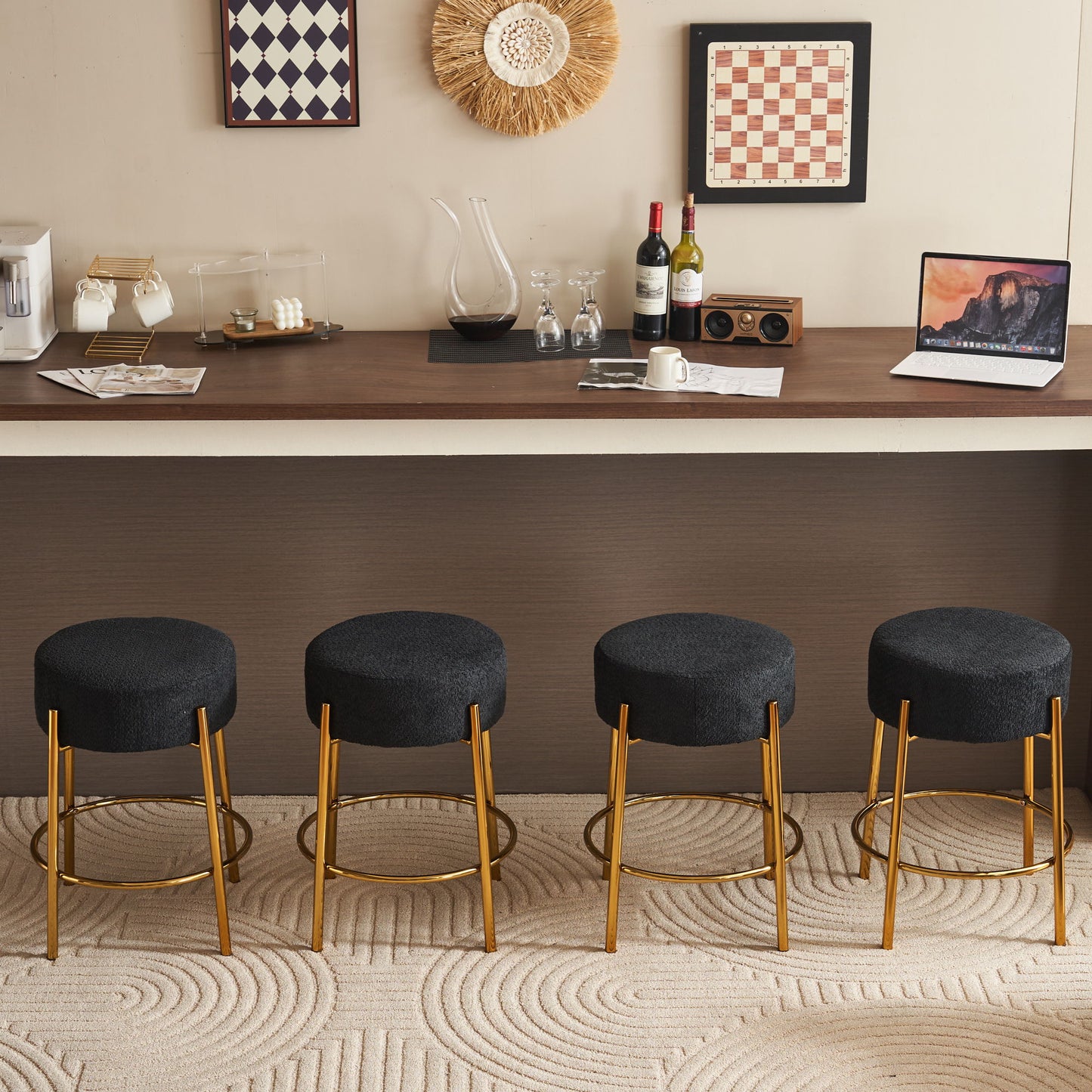 Round Bar Stools (Set of 2), Contemporary Upholstered Dining Stools For Kitchens, Coffee Shops And Bar Stores - Black / Gold