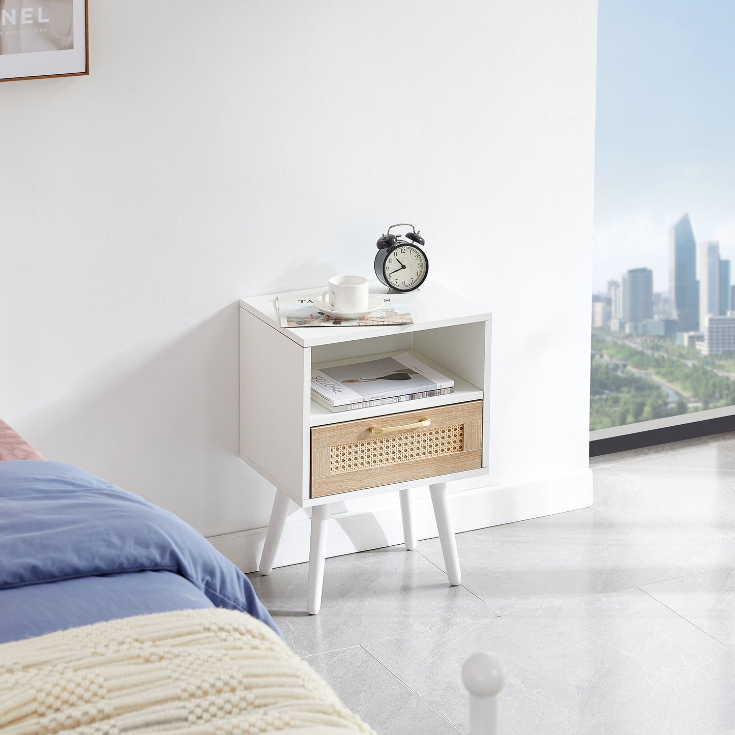 15.75" Rattan End Table With Drawer And Solid Wood Legs, Modern Nightstand, Side Table For Living Room, Bedroom - White