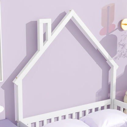 Full House-Shaped Headboard Floor Bed With Fence - White