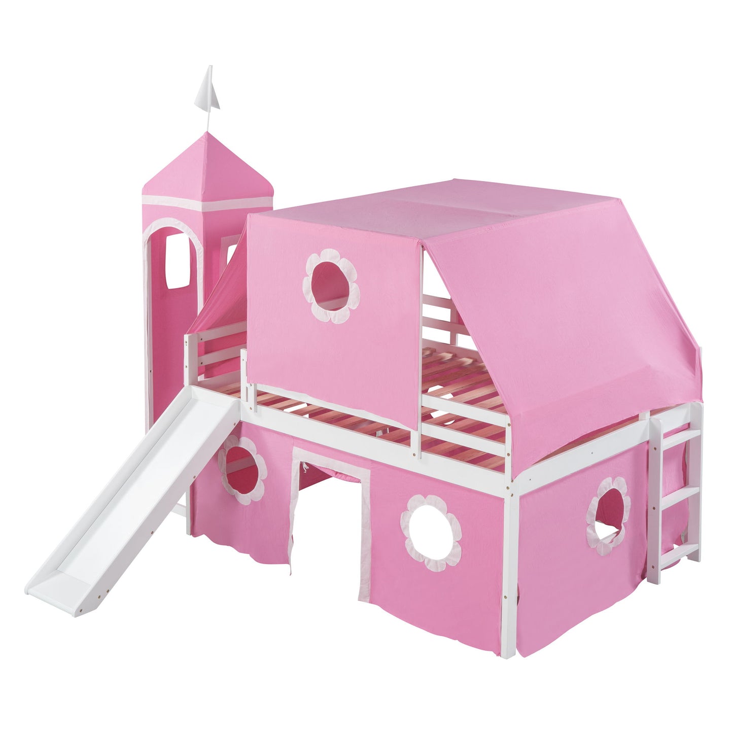 Full Size Loft Bed With Slide And Tent Tower Space Saving Fun Design For Kids - Pink