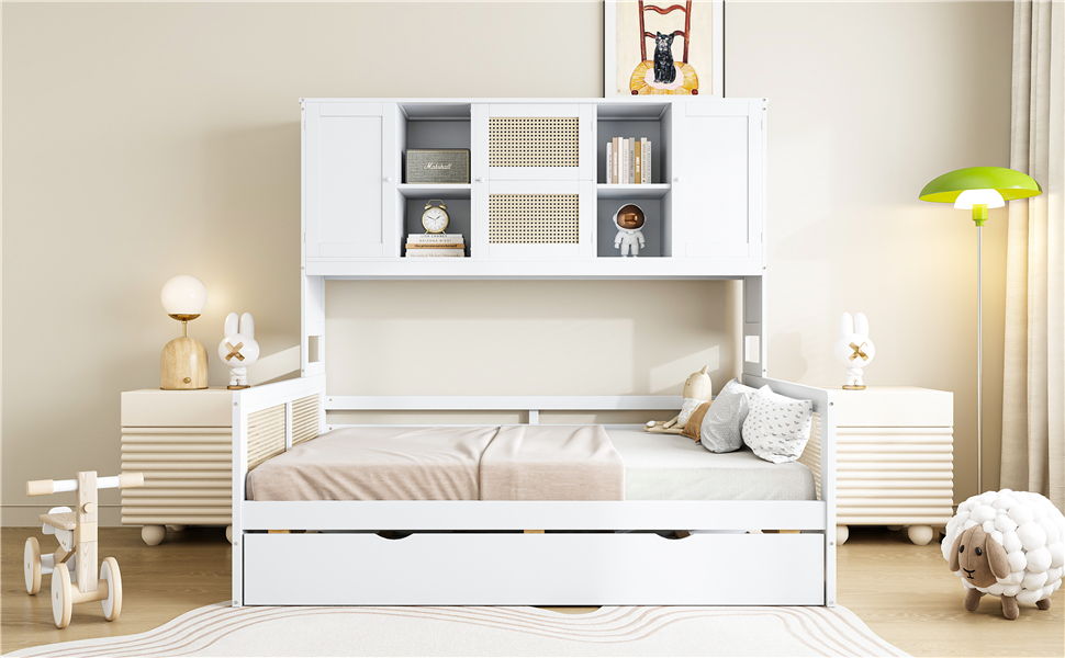 Full Size Wooden Daybed & Twin Size Trundle, And All In One Cabinet And Shelf - White