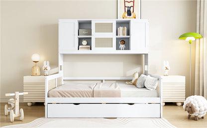 Full Size Wooden Daybed & Twin Size Trundle, And All In One Cabinet And Shelf - White