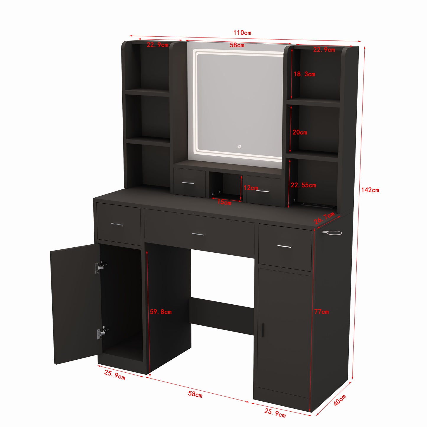 43.31" Newly Designed Smart Mirror Dressing Table With Drawers And Storage Cabinet, Dressing Table With Dressing Pad For Bedroom, Dressing Room - Black