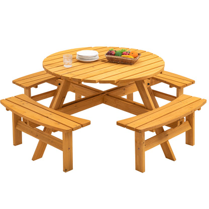 8 Person Wooden Picnic Table, Outdoor Camping Dining Table With Seat, Garden, Diy With 4 Built-In Benches, 2220Lb Capacity - Natural