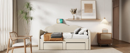 Twin Size Upholstered Daybed With Cloud-Shaped Backrest, Trundle & 2 Drawers And USB Ports - Beige