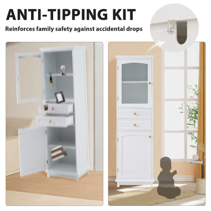 Tall Bathroom Storage Cabinet With Glass Doors, Free-Standing, Two Drawers, And Adjustable Shelves, MDF Board, Painted Perfect For Displaying Your Favorite Items - White