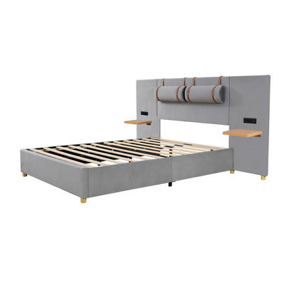 Queen Upholstered Platform Bed, 2 Outlets And USB Charging Ports On Both Sides, 2 Bedside Pillows, Storage Shelves - Gray