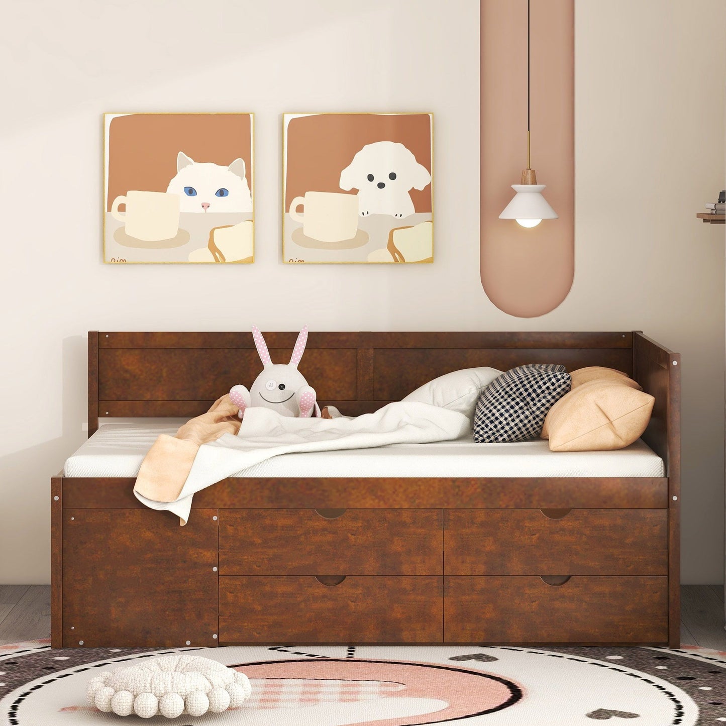Twin Size Daybed With Drawers And Shelves - Walnut