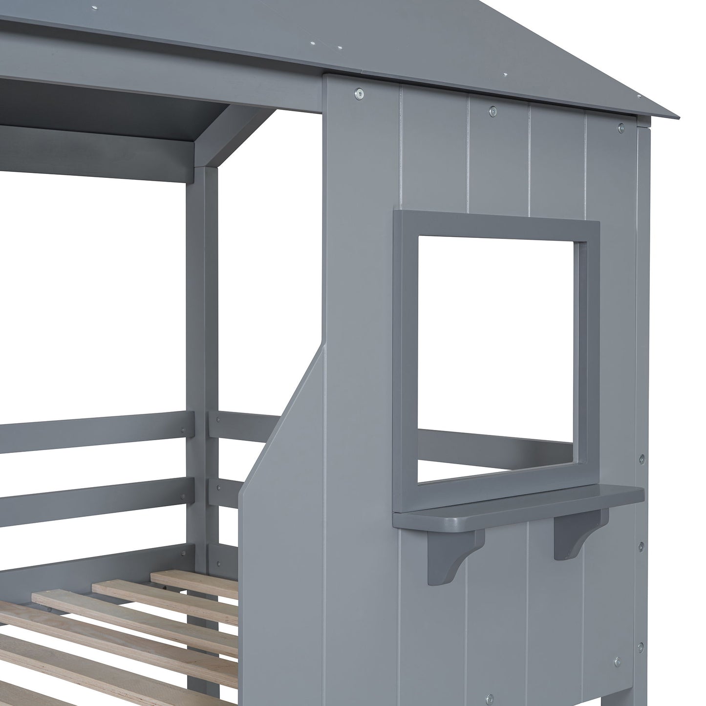Twin Over Twin Bunk Bed With Roof, Window, Guardrail, Ladder - Gray