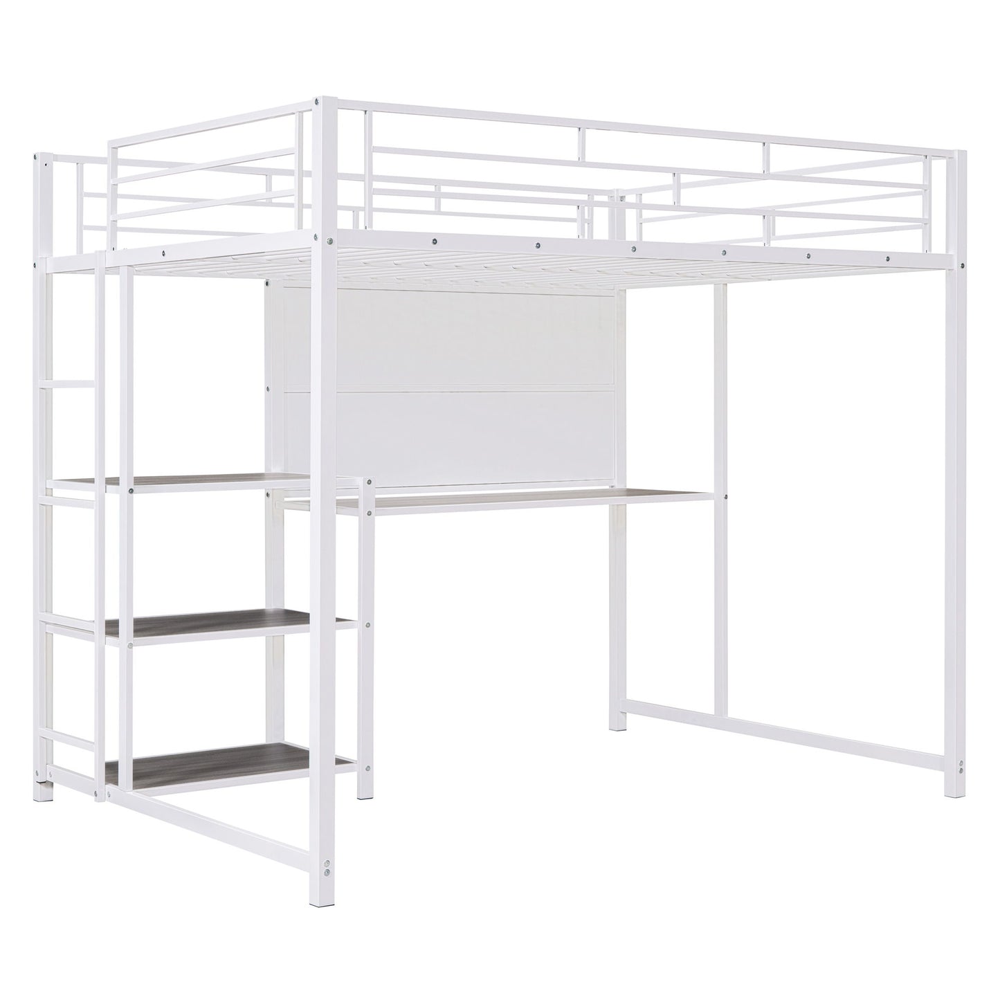 Full Size Loft Bed With Desk And Whiteboard, Loft Bed With 3 Shelves And Ladder - White