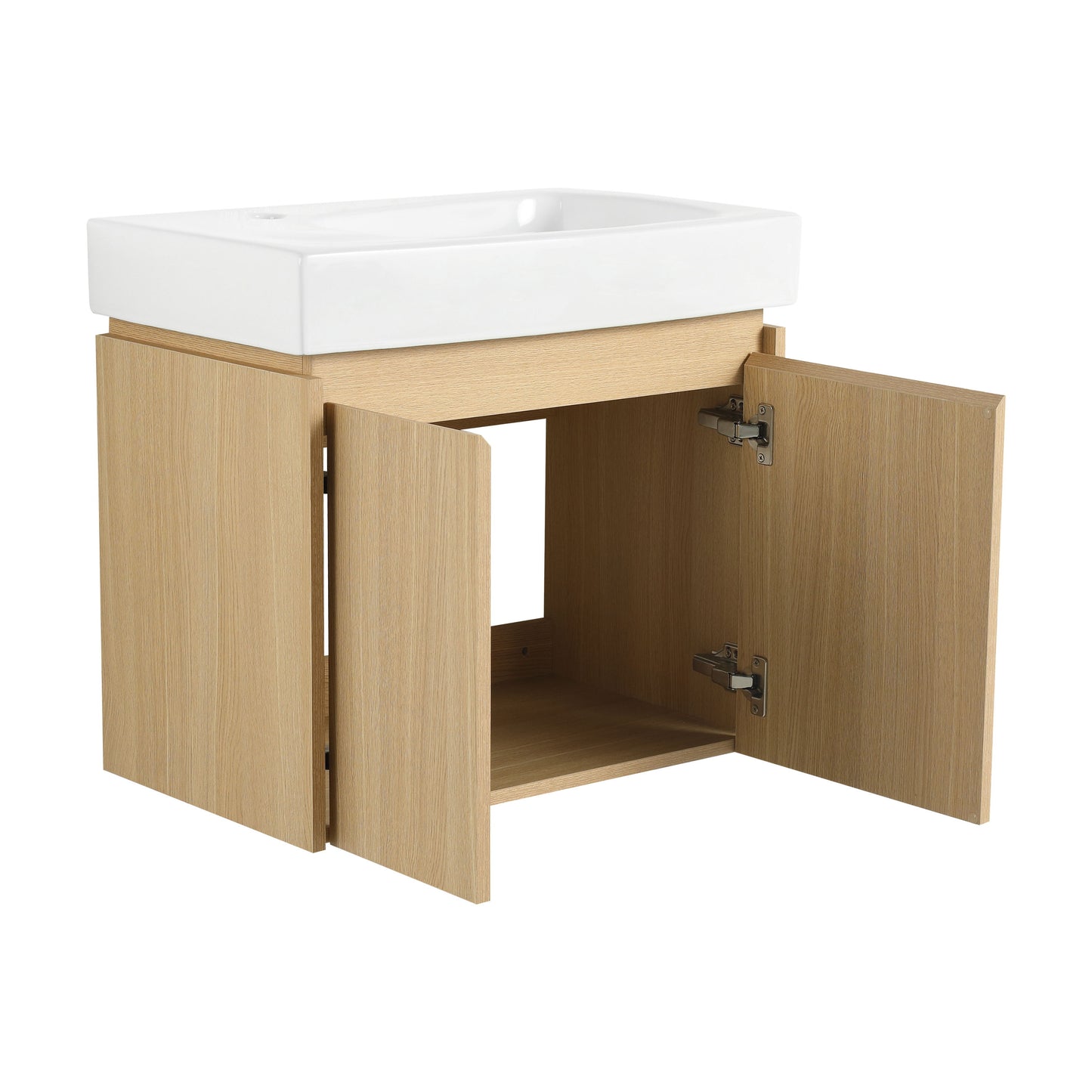 Modern 24" Bathroom Vanity With Ceramic Basin, Wall Mounted Floating Sink Combo, Wooden Storage Cabinet - Oak