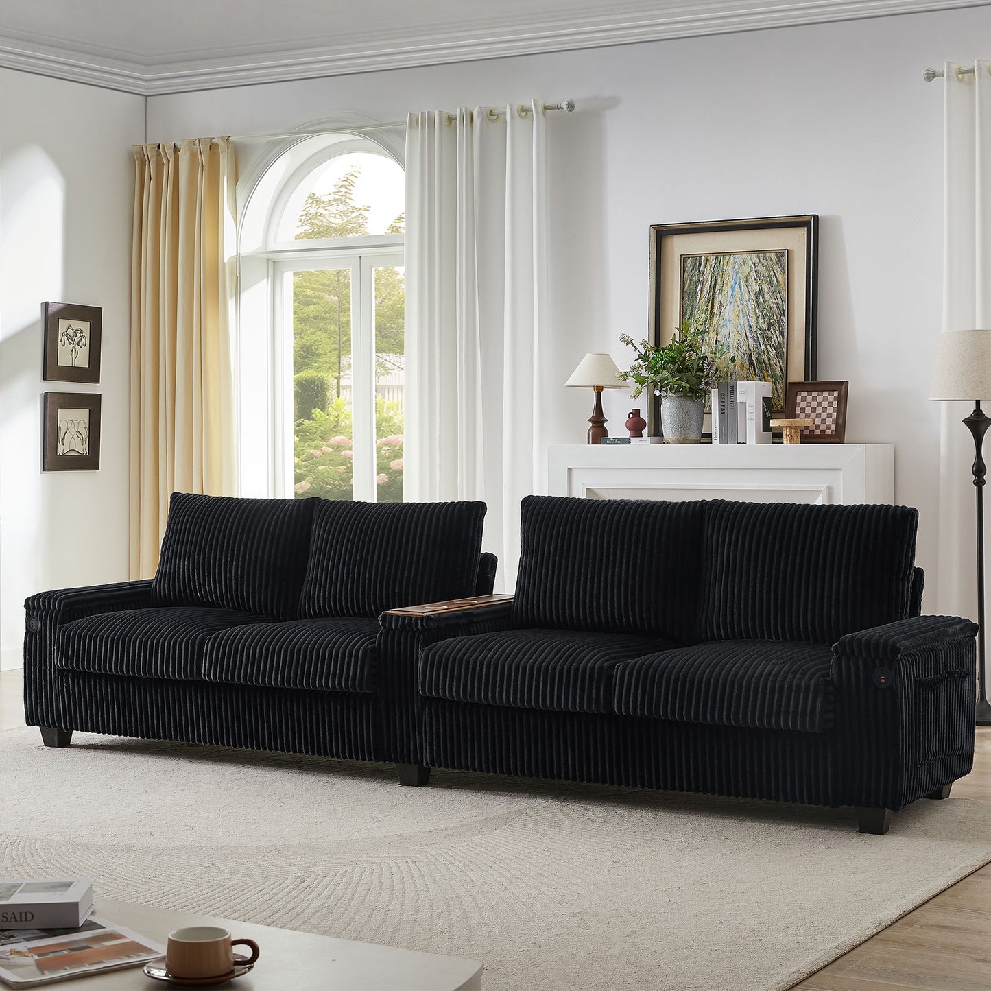 Modern 4 Seater Corduroy Sofa Couch With USB Ports And Hidden Storage - Black
