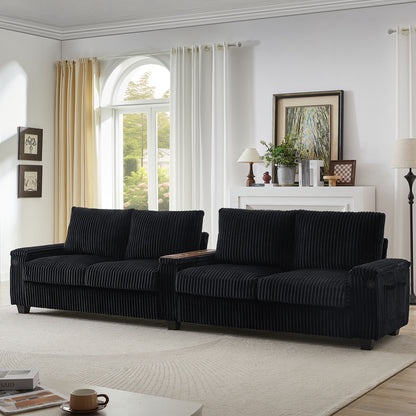 Modern 4 Seater Corduroy Sofa Couch With USB Ports And Hidden Storage - Black