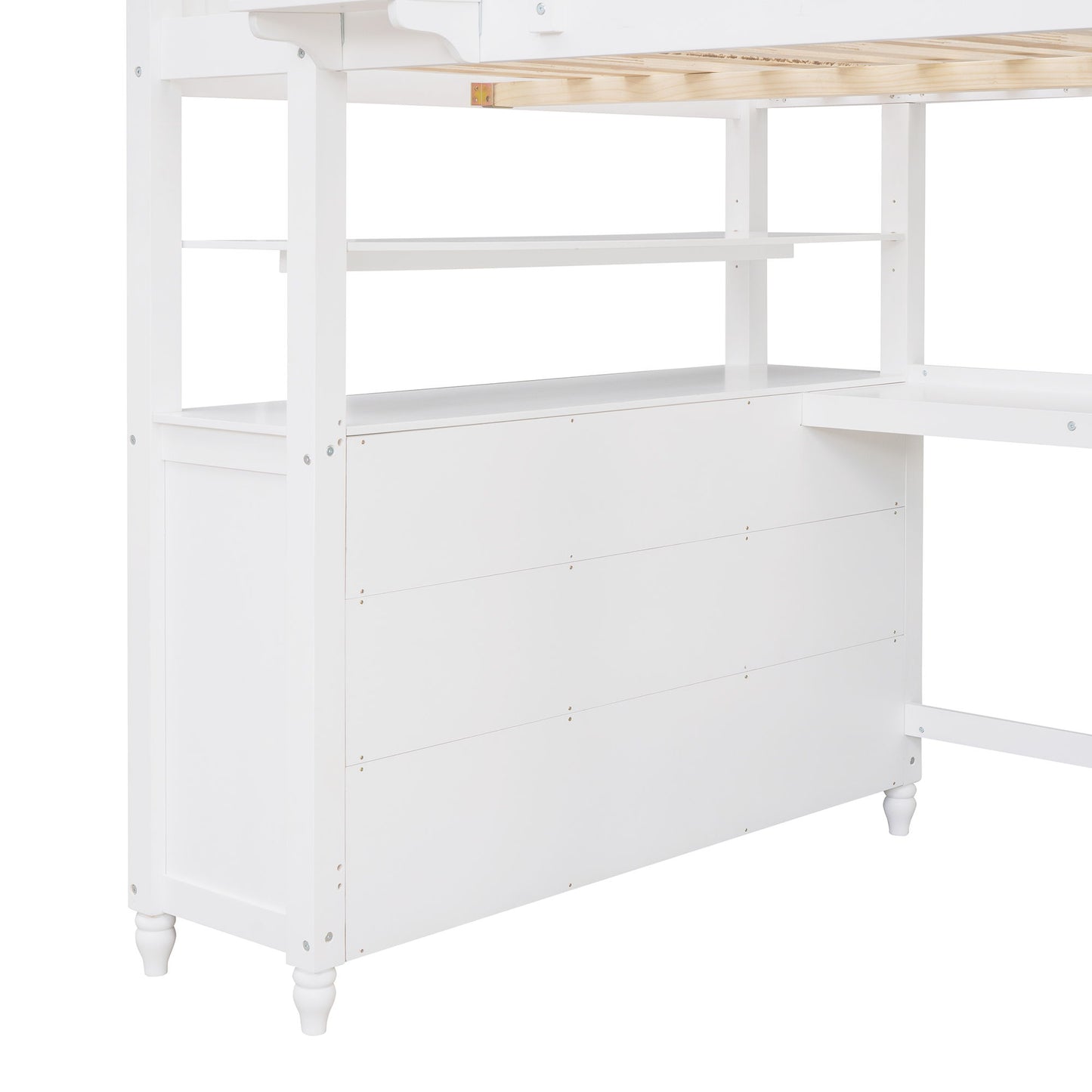 Full Size Loft Bed With Drawers And Desk With Shelves - White