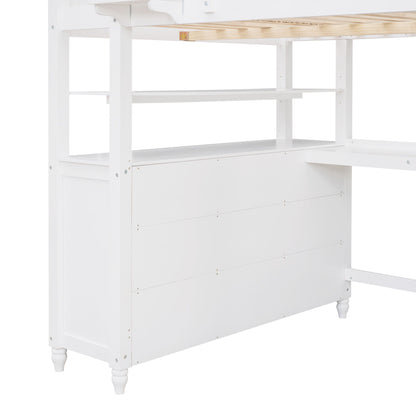 Full Size Loft Bed With Drawers And Desk With Shelves - White