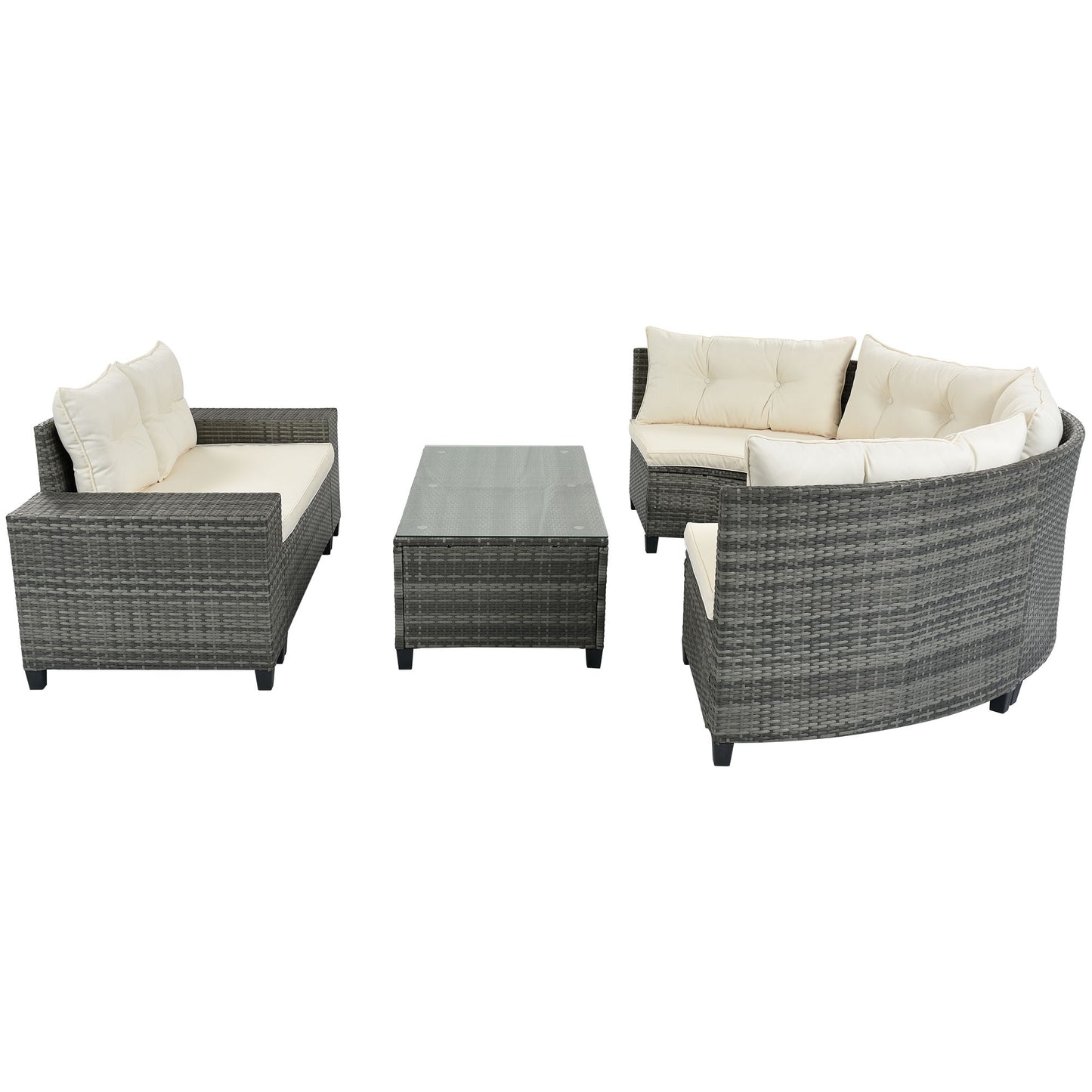 8 Pieces Outdoor Wicker Round Sofa Set, Half-Moon Sectional Sets All Weather, Curved Sofa Set With Rectangular Coffee Table, PE Rattan Water-Resistant And UV Protected, Movable Cushion - Beige