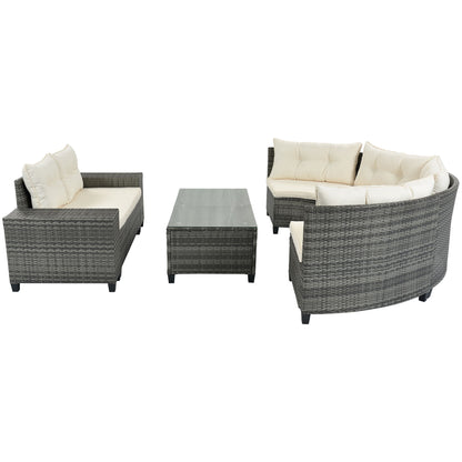 8 Pieces Outdoor Wicker Round Sofa Set, Half-Moon Sectional Sets All Weather, Curved Sofa Set With Rectangular Coffee Table, PE Rattan Water-Resistant And UV Protected, Movable Cushion - Beige