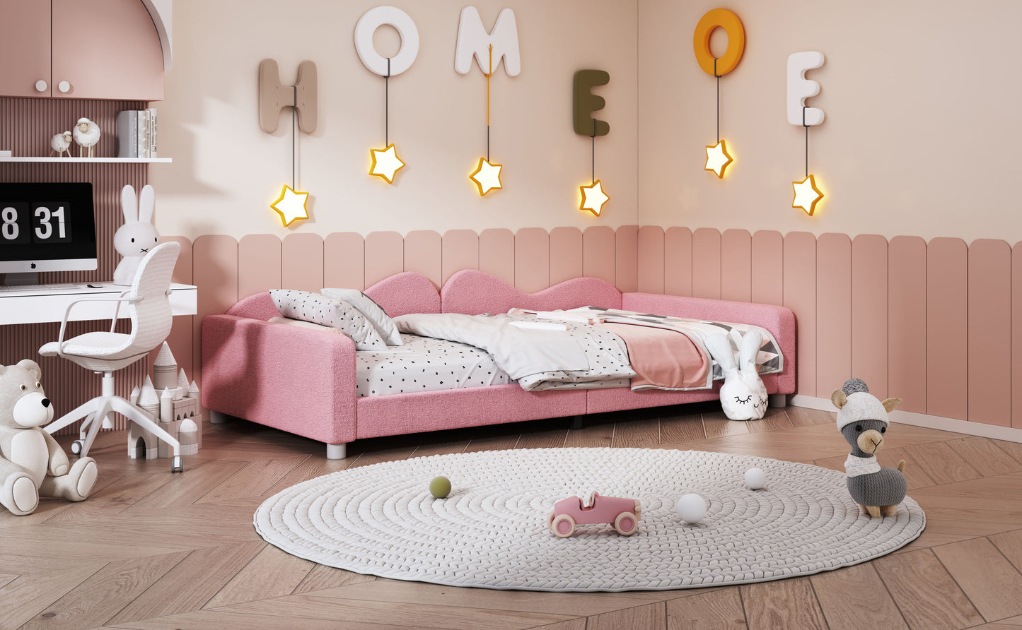 Twin Size Upholstered Daybed, Sherpa Fabric Sofabed With Cloud-Shaped Backrest, No Box - Spring Needed - Pink