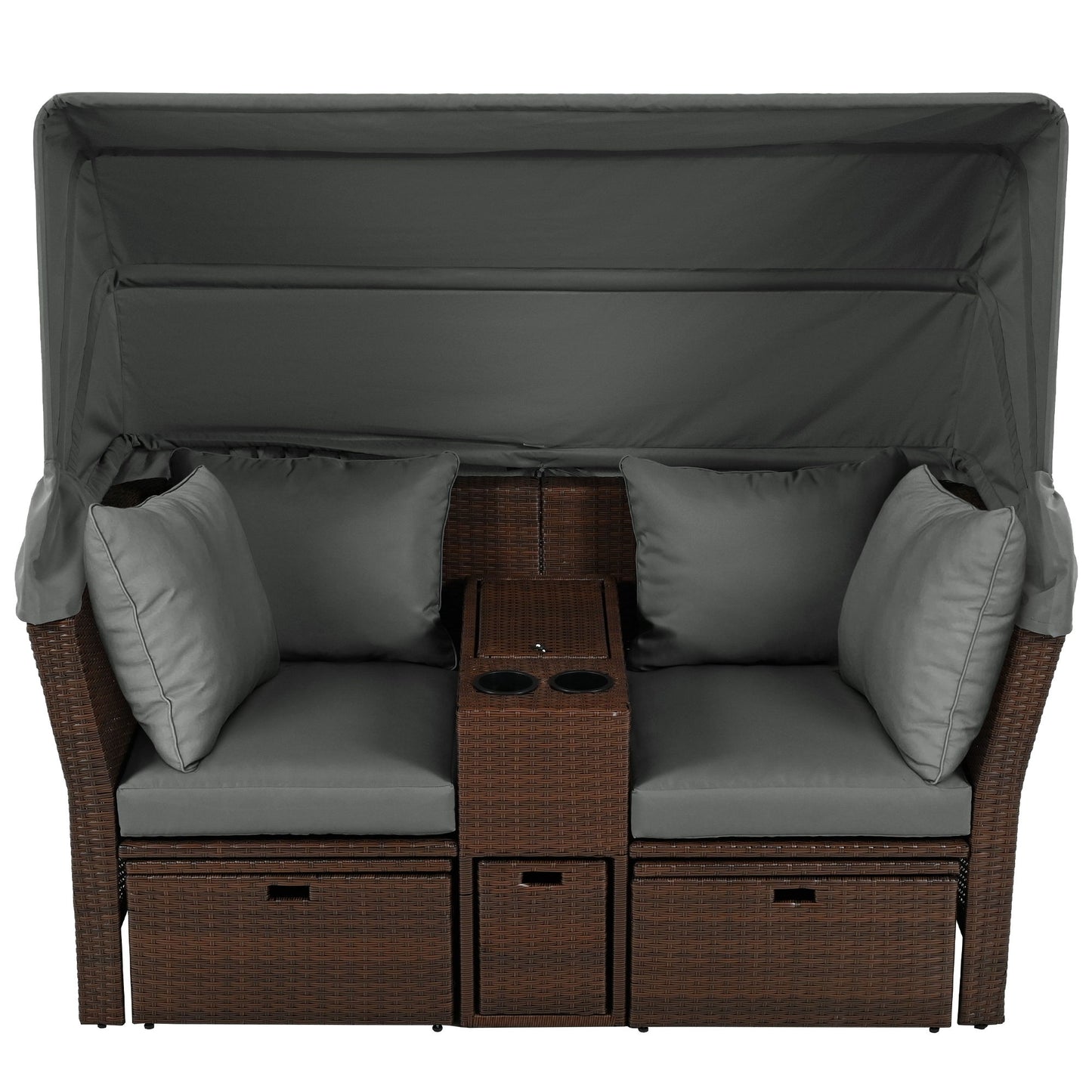 2 Seater Outdoor Patio Daybed Outdoor Double Daybed Outdoor Loveseat Sofa Set With Foldable Awning And Cushions For Garden, Balcony, Poolside - Gray