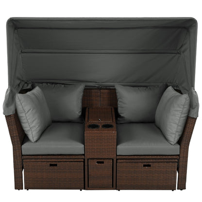 2 Seater Outdoor Patio Daybed Outdoor Double Daybed Outdoor Loveseat Sofa Set With Foldable Awning And Cushions For Garden, Balcony, Poolside - Gray
