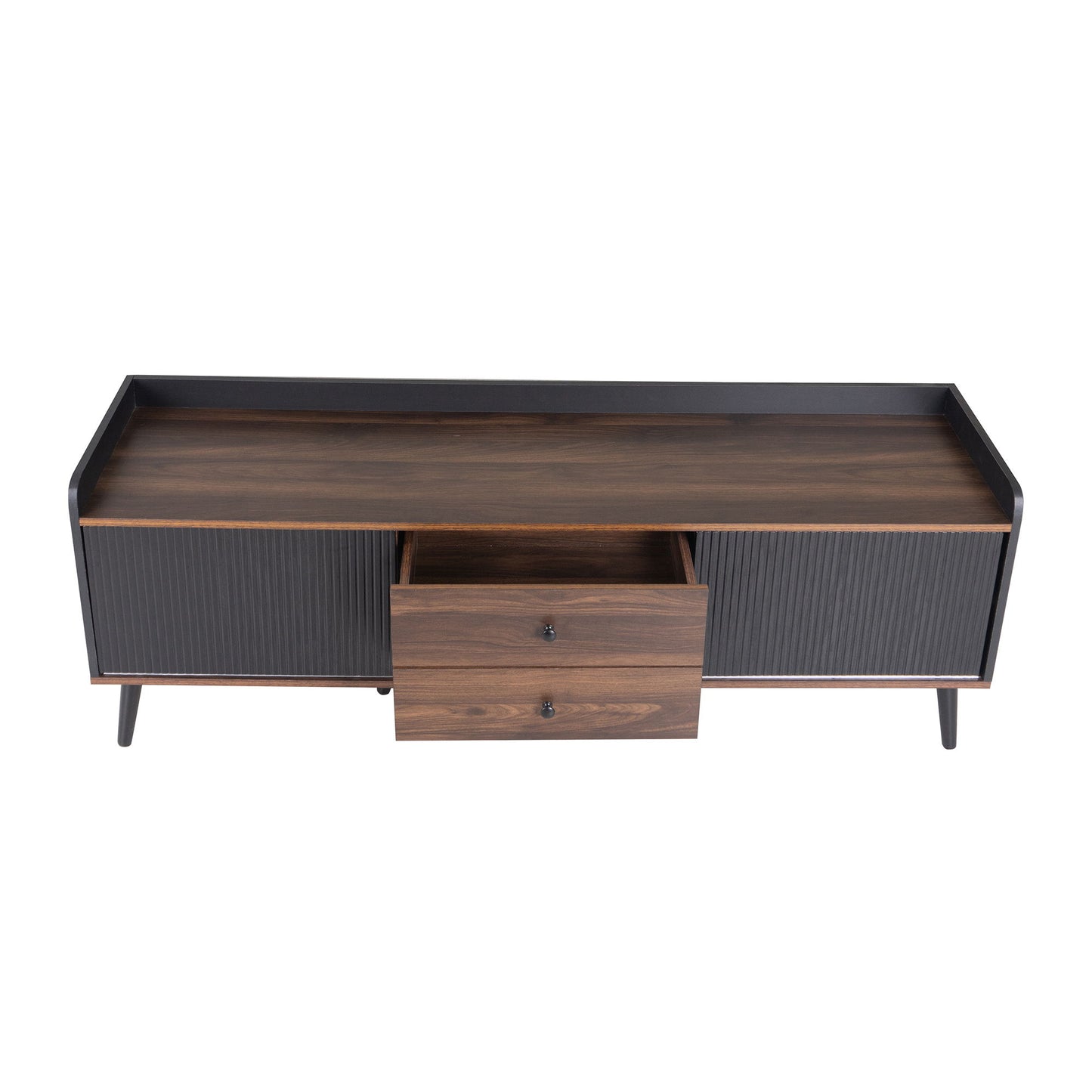 Mid Century TV Stand With 2 Cabinets & Open Compartments, Entertainment Center For Tvs Up To 70'', Television Console For Living Room - Dark Coffee / Black