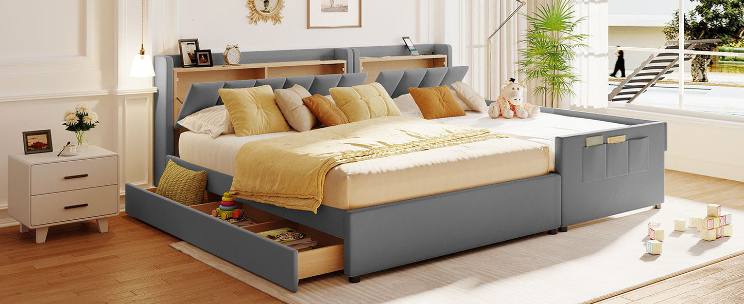 Queen & Twin Long Size Upholstered Platform Bed, Mother & Child Bed With Hydraulic Storage System, Drawer Box, Bedhead Storage Shelf And 2 Pairs Of Sockets & USB Ports - Gray
