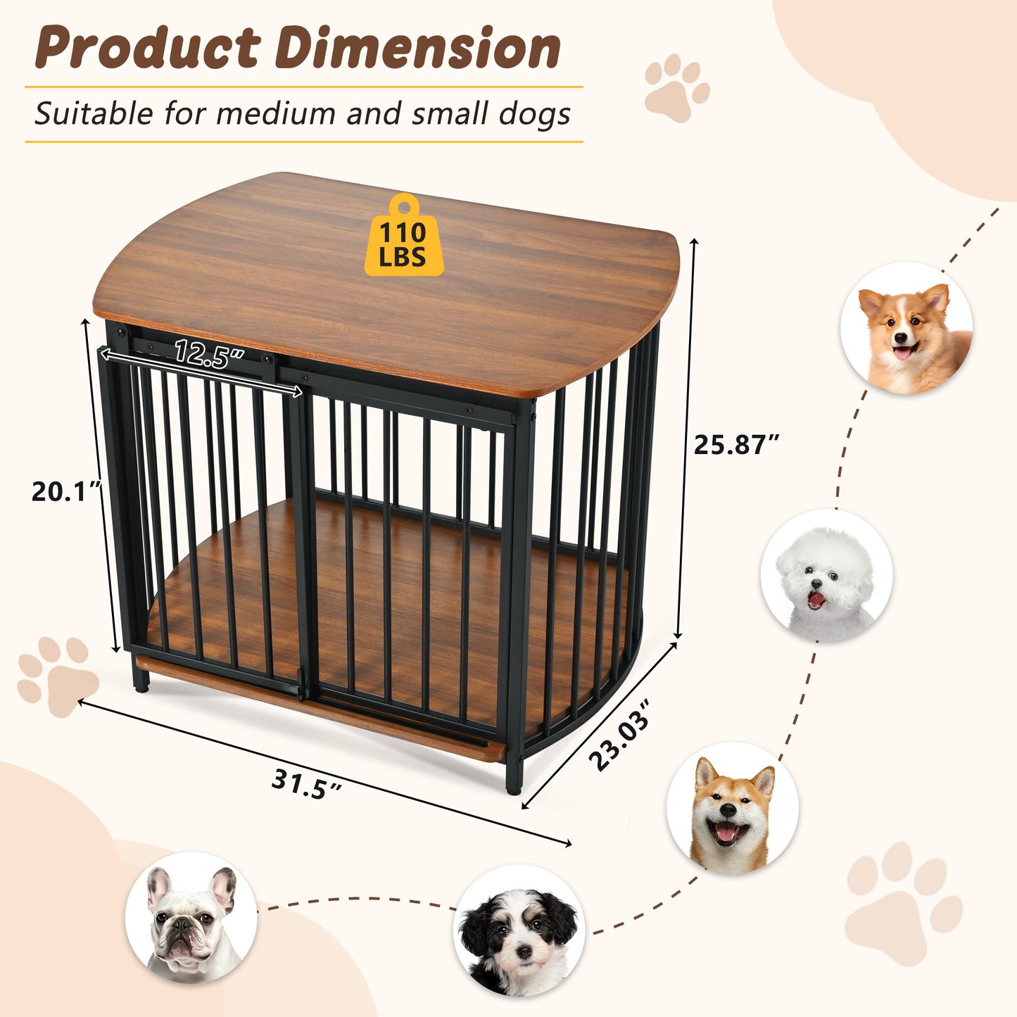 Furniture Style Dog Crate For Small And Medium Dogs, Wooden Cage Indoor Kennel Furniture, Modern Dog Crate End Table With Double Doors - Brown