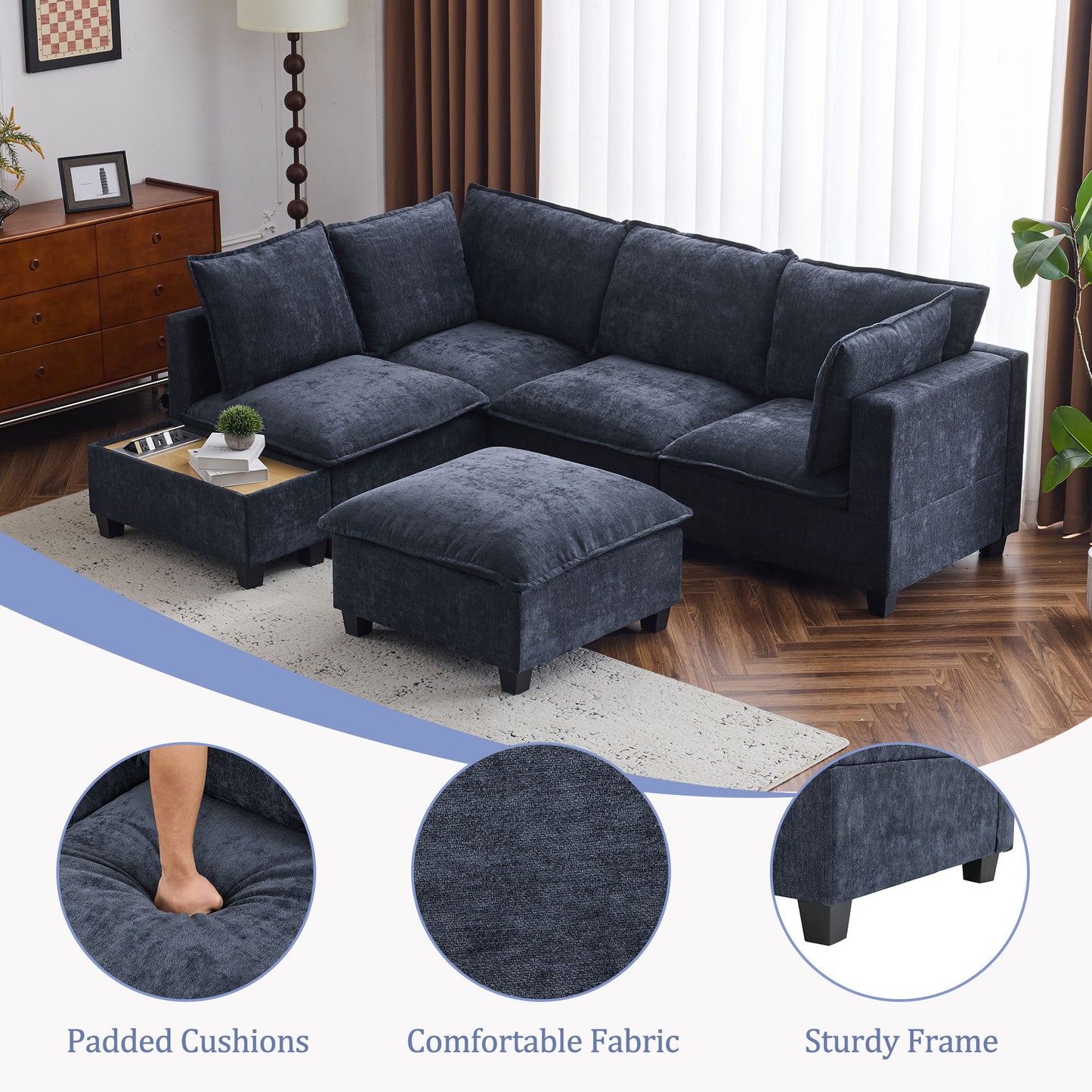 U - Shaped Sectional Sofa Modular Sofa Couch With A Movable Ottoman, A Coffee Table With Hidden Charging Devices For Living Room - Blue
