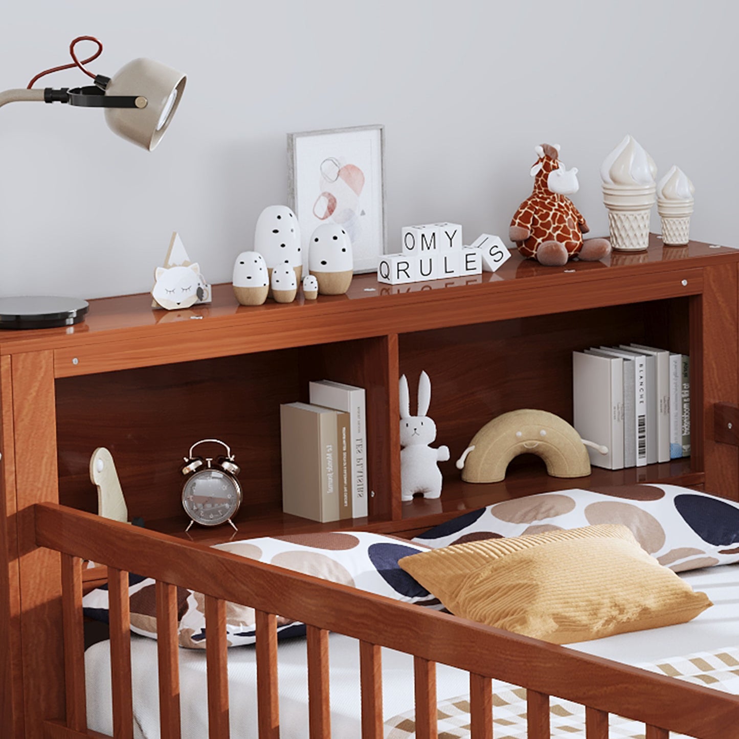 Twin Size Bed With Headboard Storage Rack, 2 Under Bed Drawers, 3 - Side Guardrails For Safety And Security - Walnut