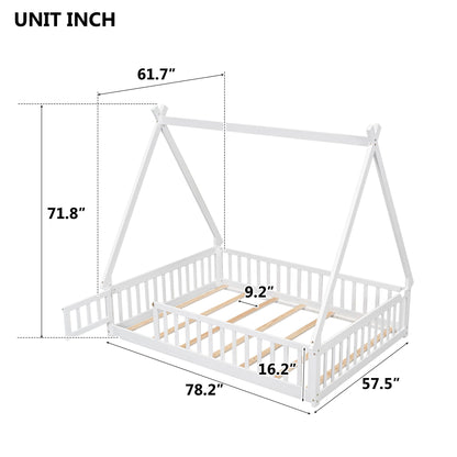 Full Tent-Shaped Floor Bed, With Guardrails, Slats, Door - White