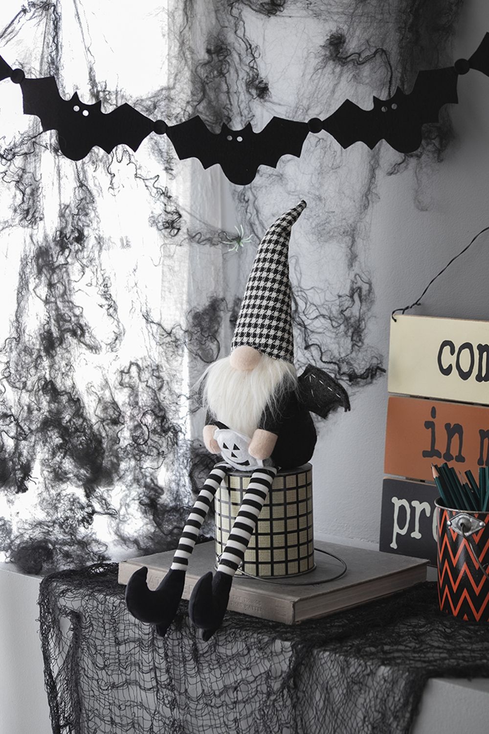 Sitting Gnome With Wings & Plaid Hat, For Halloween Decor - Black White