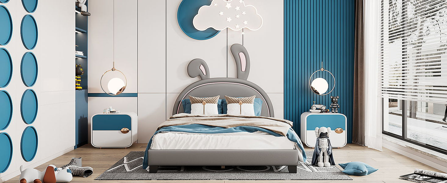 Full Size Upholstered Leather Platform Bed With Rabbit Ornament - Gray