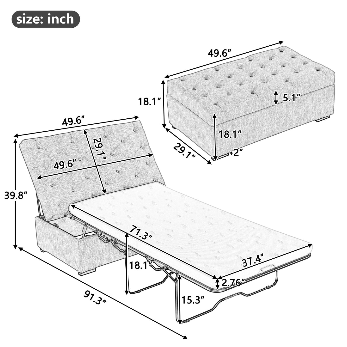 Convertible Ottoman Sleeper With Memory Mattress - Gray - Gray
