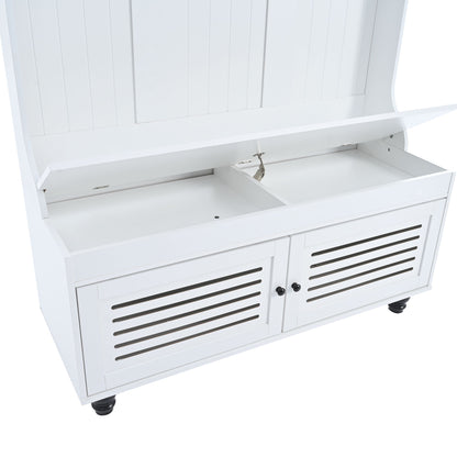 5 In 1 Entryway Bench With Shutter - Shaped Doors, Coat Rack, Cushion And 4 Sturdy Hooks, Wide Hall Tree With Storage Bench For Hallway, Entryway, Living Room - White
