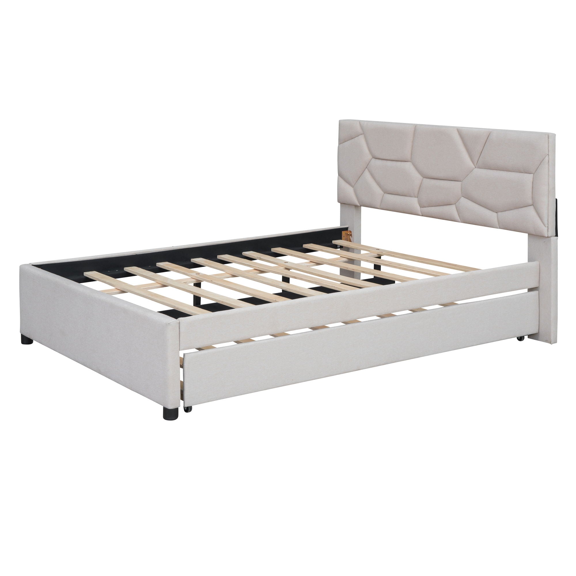 Full Size Upholstered Platform Bed With Brick Pattern Headboard And Twin Size Trundle - Beige