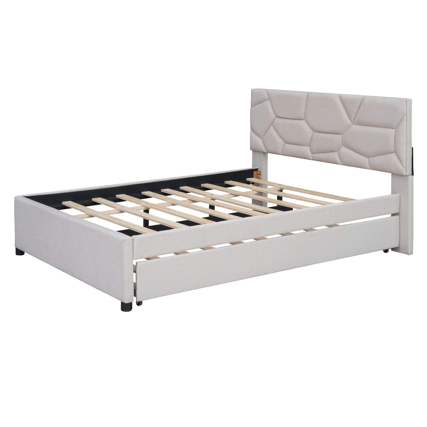 Full Size Upholstered Platform Bed With Brick Pattern Headboard And Twin Size Trundle - Beige