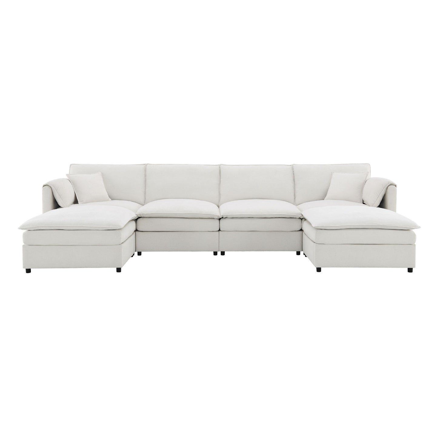 Chenille Modular Sectional Sofa, U Shaped Cloud Couch Set With Double Cushions, 6 Seat Sleeper Sofa Bed With Ottomans, Oversized Indoor Furniture - Cream