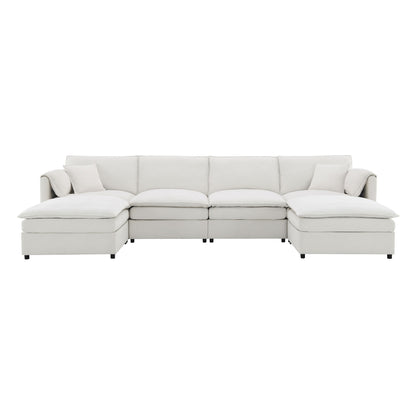 Chenille Modular Sectional Sofa, U Shaped Cloud Couch Set With Double Cushions, 6 Seat Sleeper Sofa Bed With Ottomans, Oversized Indoor Furniture - Cream