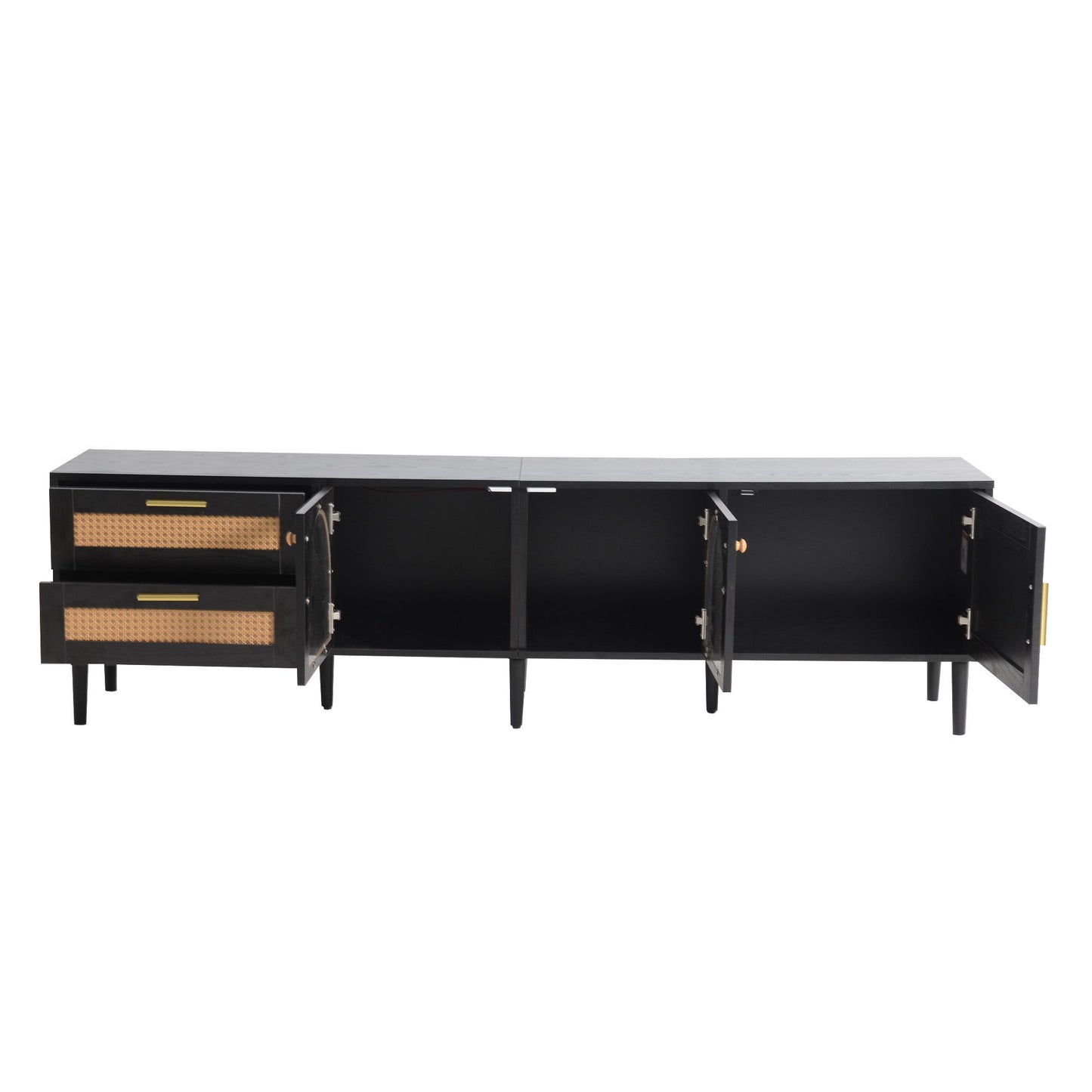 Rattan TV Stand With 3 Cabinets & 2 Drawers, Rattan-Inspired Media Console Table For Tvs Up To 80'', LED Light Entertainment Center, TV Cabinet For Living Room - Black