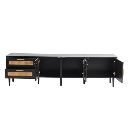 Rattan TV Stand With 3 Cabinets & 2 Drawers, Rattan-Inspired Media Console Table For Tvs Up To 80'', LED Light Entertainment Center, TV Cabinet For Living Room - Black