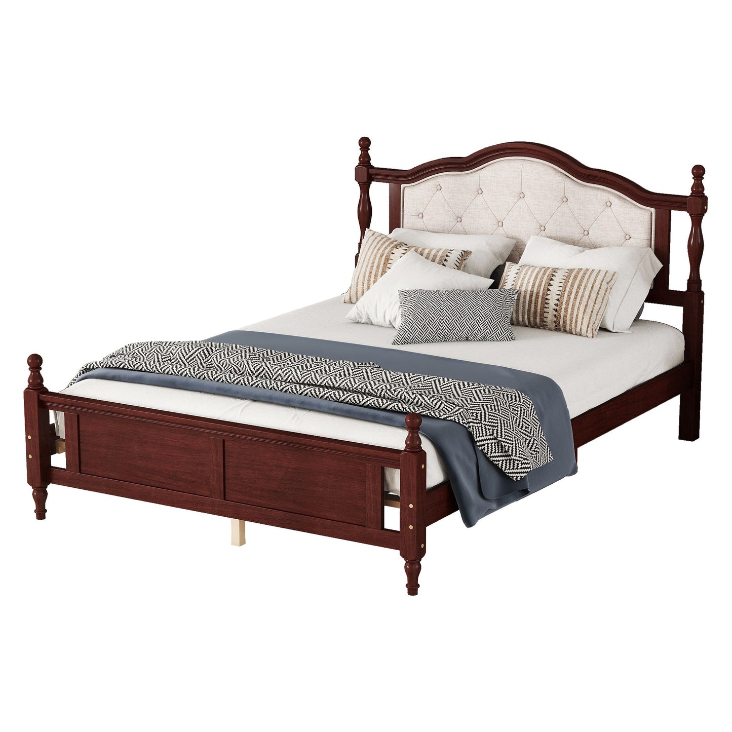 Queen Pine Wooden Bed With Upholstered Headboard And Panel Footboard, With Two Bed Rail Support Feet And Central Platform Support Feet, Classic - Cherry