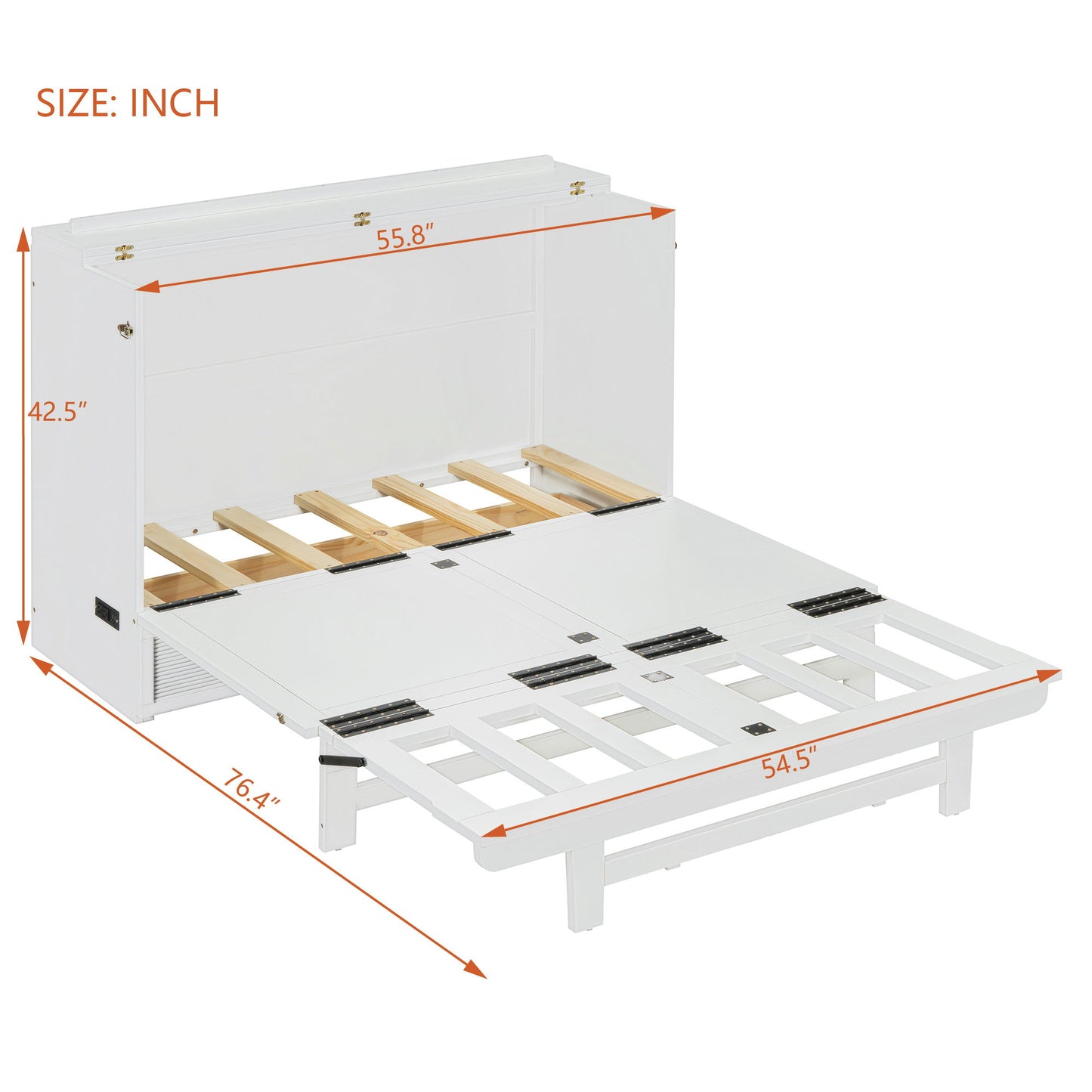 Full Size Murphy Bed With Large Drawer, USB Ports And Outlets - White