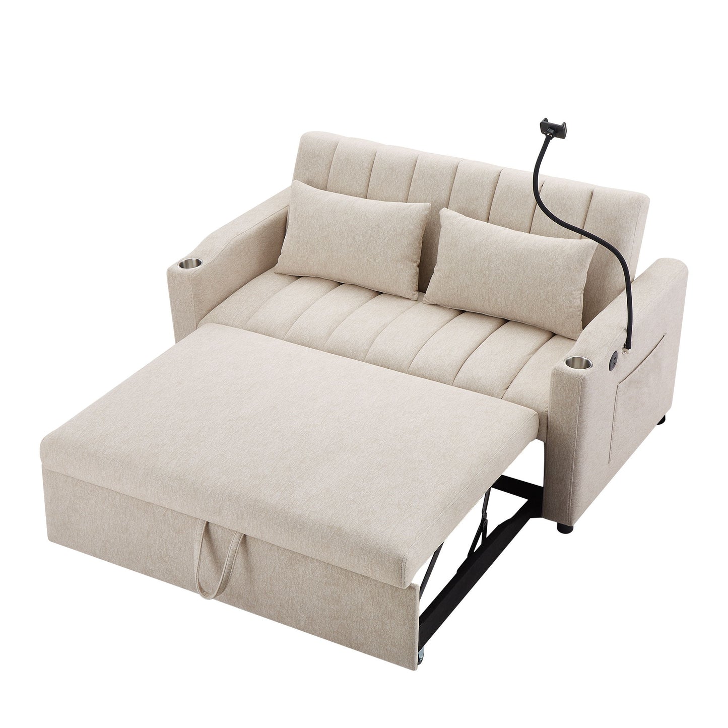 Convertible Sofa Bed Loveseat Sofa With Three USB Ports, Two Side Pockets, Two Cup Holders And 360ÔøΩÔøΩÔøΩÔøΩÔøΩÔøΩÔøΩÔøΩÔøΩÔøΩÔøΩÔøΩÔøΩÔøΩÔøΩÔøΩÔøΩÔøΩÔøΩÔøΩÔøΩÔøΩÔøΩÔøΩÔøΩÔøΩÔøΩÔøΩÔøΩÔøΩÔøΩÔøΩÔøΩ swivel Phone Holder For Living Room - Beige