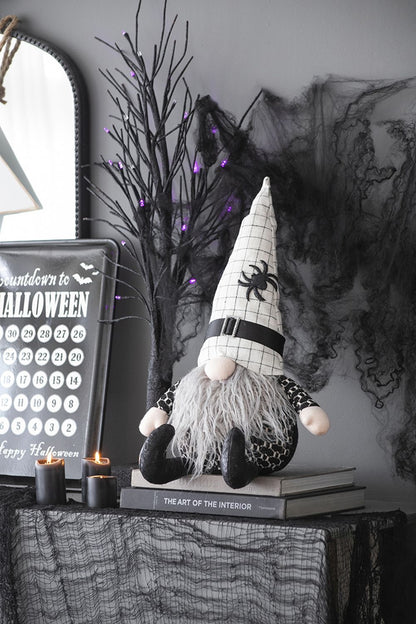 Sitting Gnome With Hat Spider, For Halloween Decor - Black White