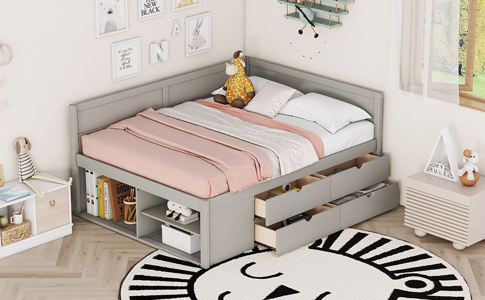 Full Size Daybed With Drawers And Shelves - Gray